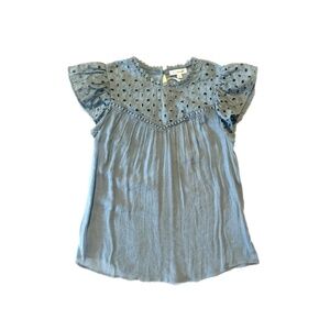 Blue Eyelet Cutout Ruffle Short Sleeve Top